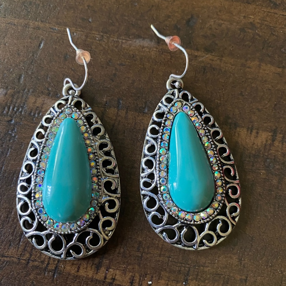 Silver, turquoise earrings with bling